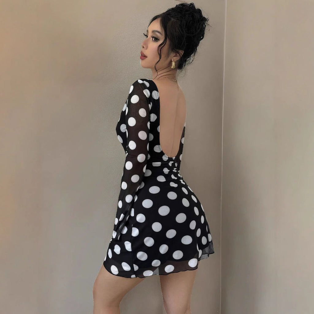 The Polka Seduction | Women's Polka Dot Mesh Horn Sleeve Hip-Wrap Mini Dress