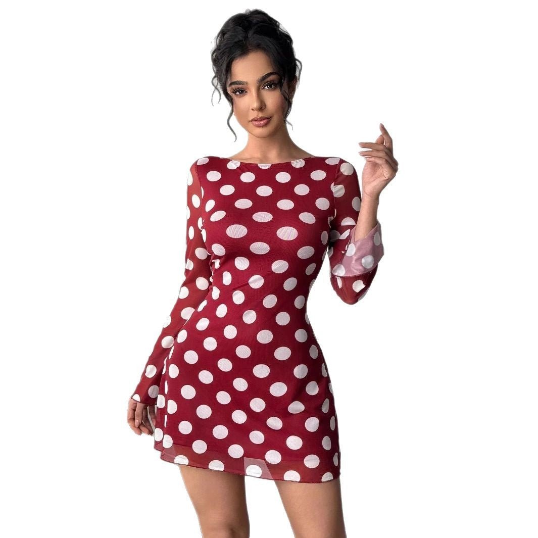 The Polka Seduction | Women's Polka Dot Mesh Horn Sleeve Hip-Wrap Mini Dress