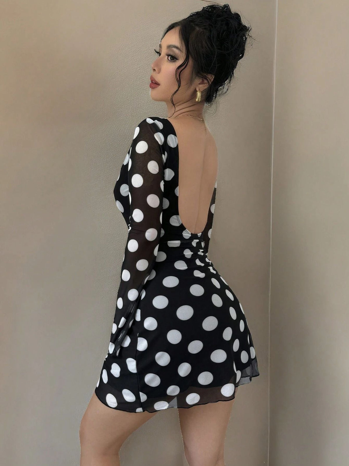 The Polka Seduction | Women's Polka Dot Mesh Horn Sleeve Hip-Wrap Mini Dress