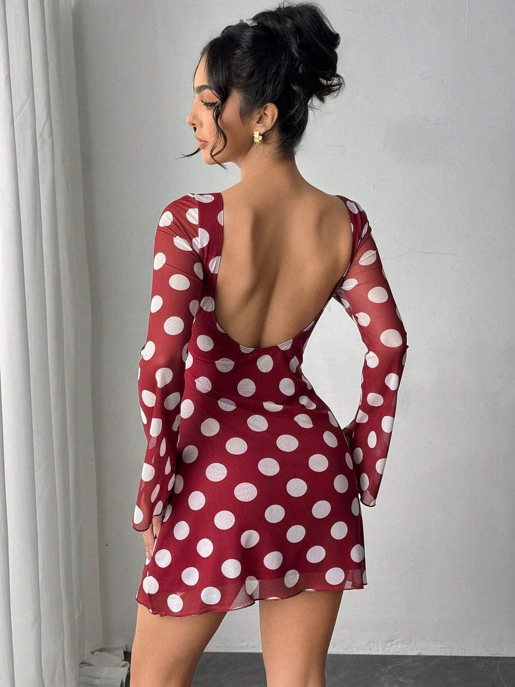 The Polka Seduction | Women's Polka Dot Mesh Horn Sleeve Hip-Wrap Mini Dress