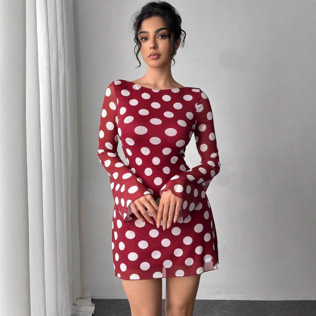 The Polka Seduction | Women's Polka Dot Mesh Horn Sleeve Hip-Wrap Mini Dress