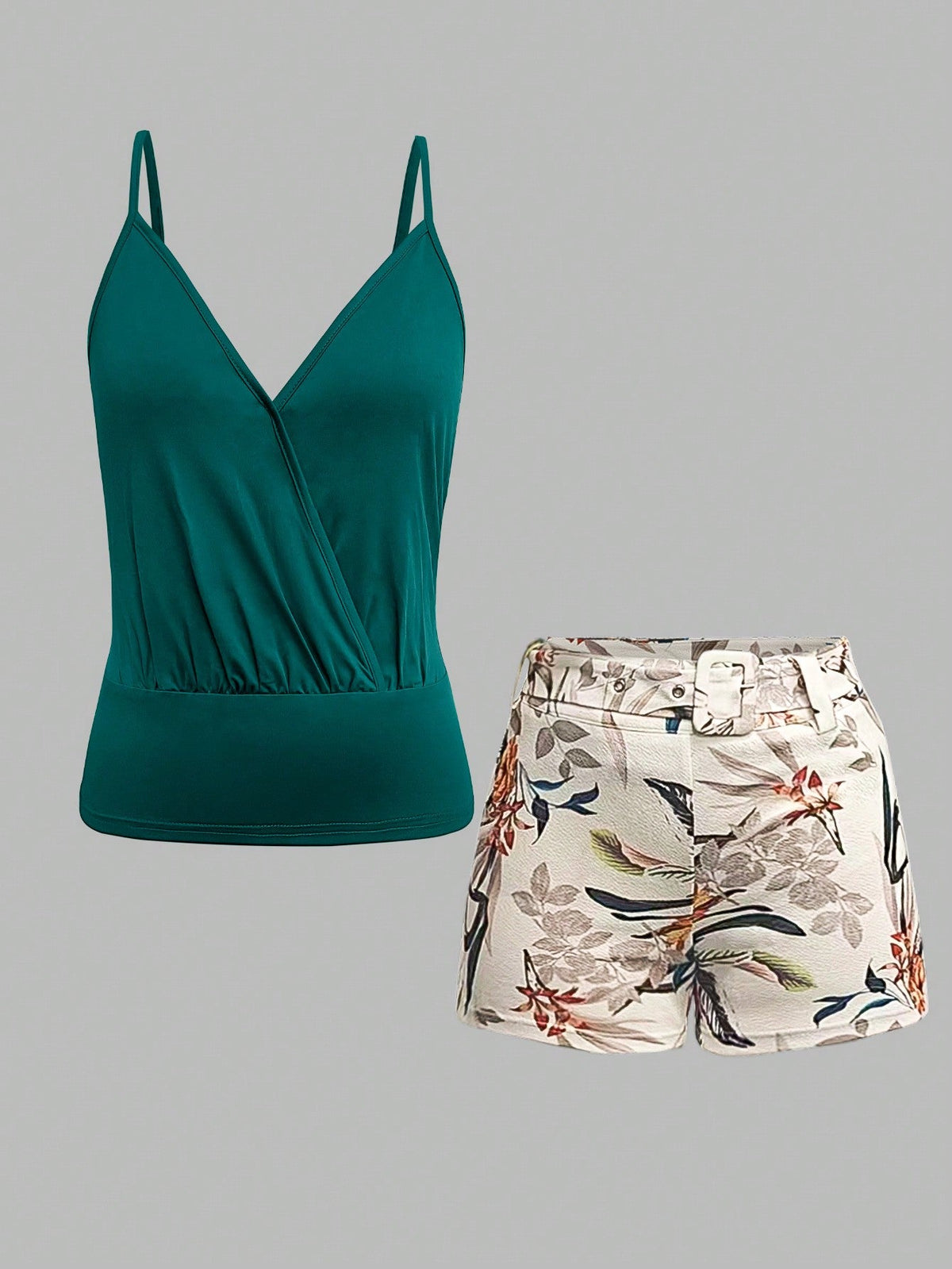 Women's Solid Color Tank Top And Botanical Print Shorts 2 Pieces Set