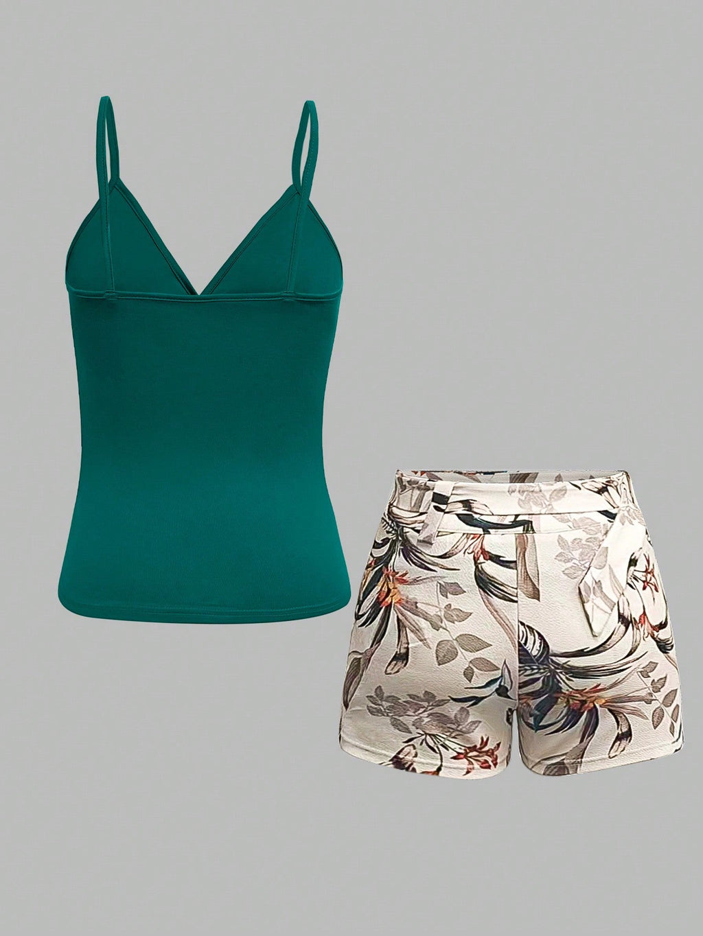 Women's Solid Color Tank Top And Botanical Print Shorts 2 Pieces Set