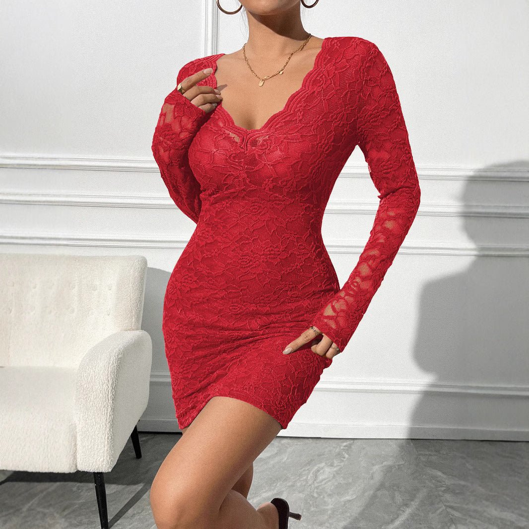 The Lace Temptress | Women's Geometric Lace V-Neck Long-Sleeve Mini Dress