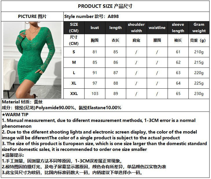The Lace Temptress | Women's Geometric Lace V-Neck Long-Sleeve Mini Dress